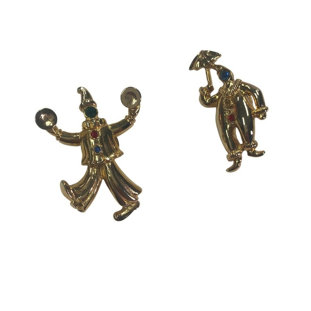 Vintage Gold Tone Clown Pins Set Rhinestone Circus Cymbal Umbrella Lapel Brooch